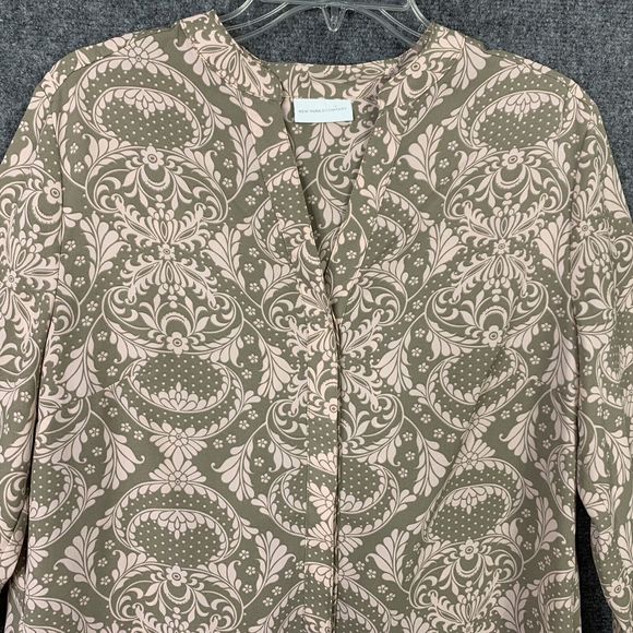 New York & Co Button Up M Top Olive & Pink Pattern Long Sl Pleated Back Career - Picture 2 of 9